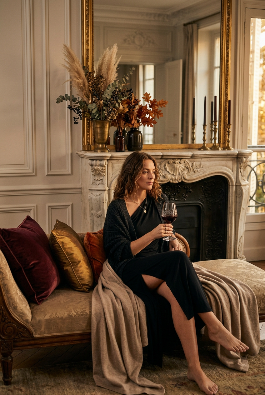 Robe noire asymétrique - Chic automne appartement haussmannien